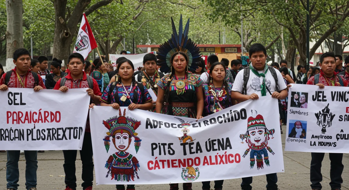 Jóvenes activistas indígenas mexicanos en una manifestación pacífica, alzando la voz por sus derechos y la preservación cultural.