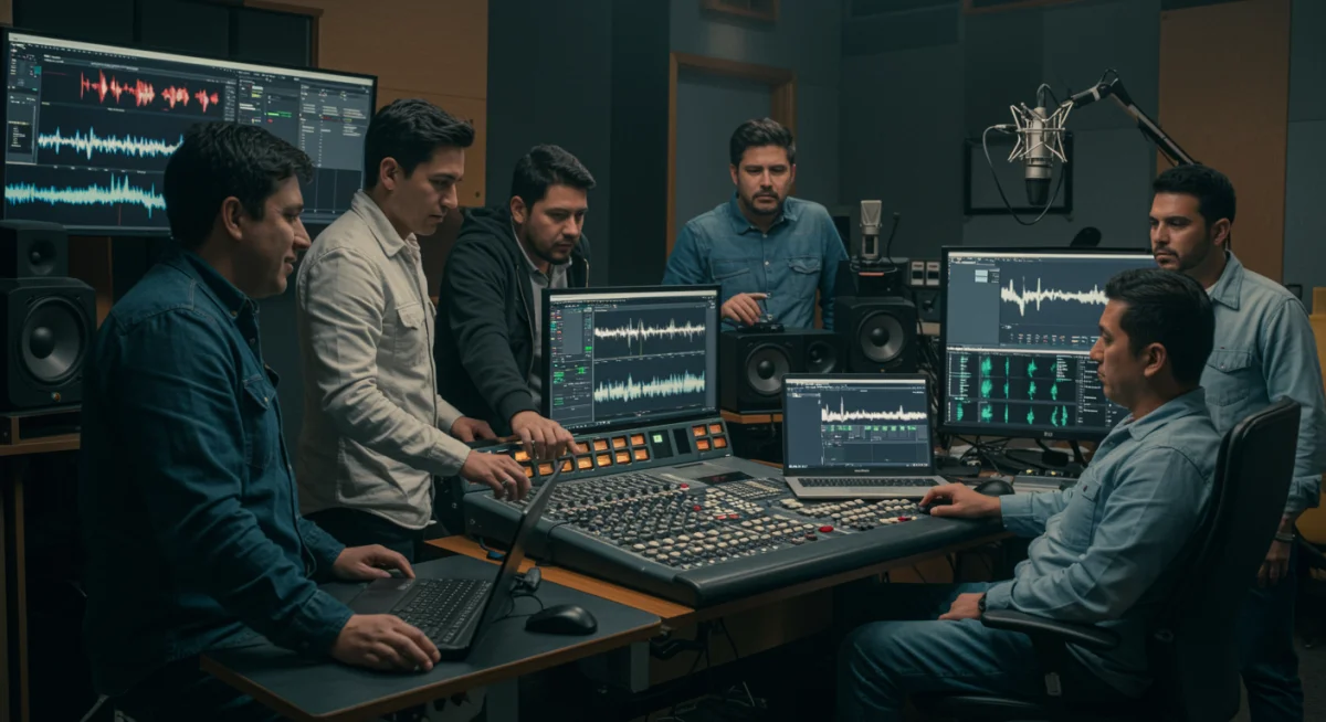 Actores de doblaje mexicanos colaborando con IA en estudio