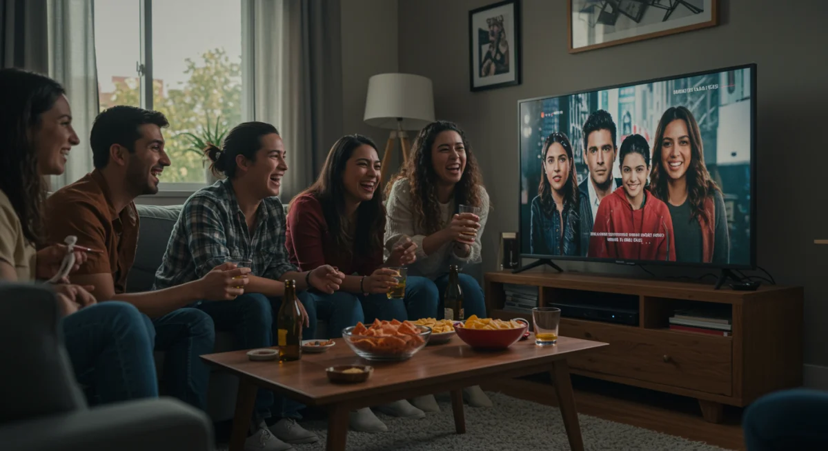 Amigos disfrutando de una serie internacional en un ambiente acogedor, reflejando el impacto cultural en México.