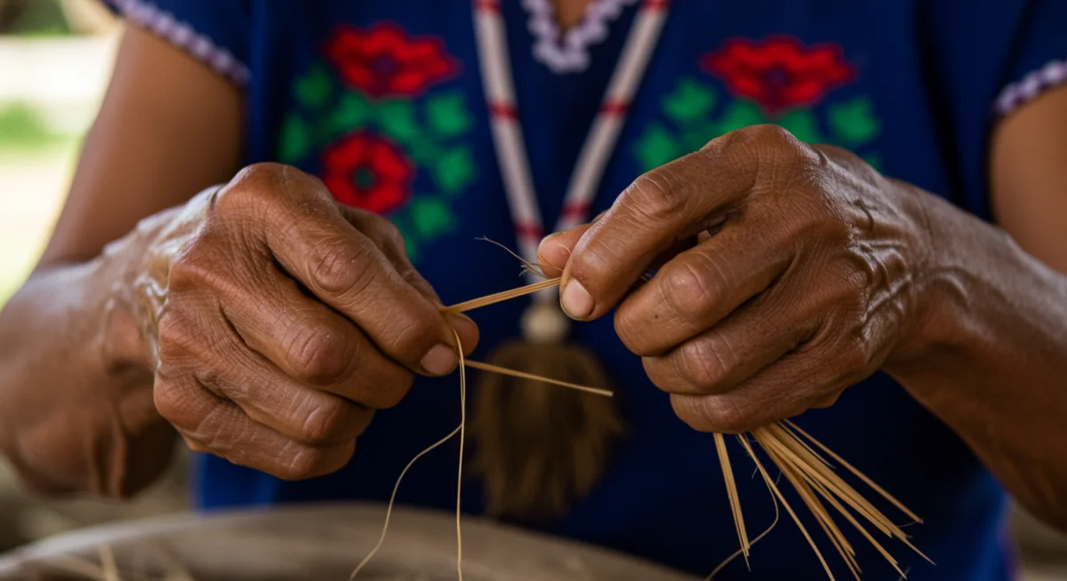Anciana indígena mexicana tejiendo, sus manos expertas reflejan la herencia cultural y la conexión profunda con la tierra.