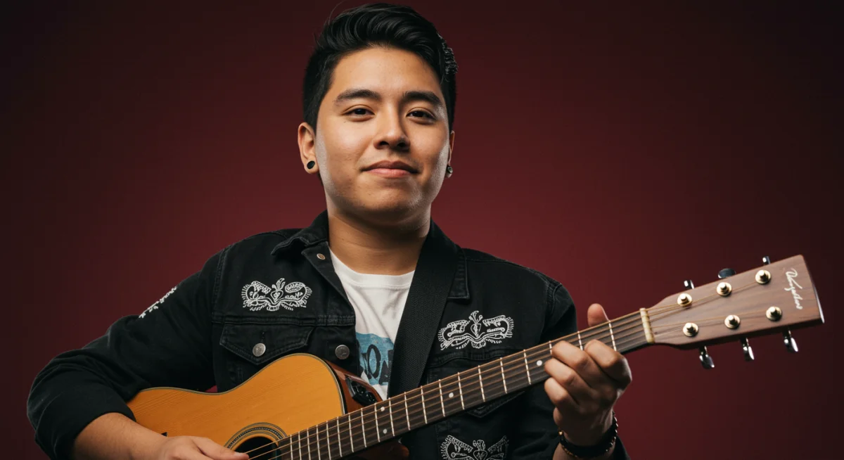 Joven artista interpretando un corrido tumbado con estilo moderno.