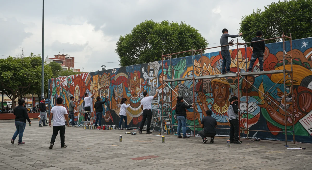 Artistas mexicanos colaborando en un mural de gran escala en una plaza pública revitalizada, mostrando el proceso creativo.