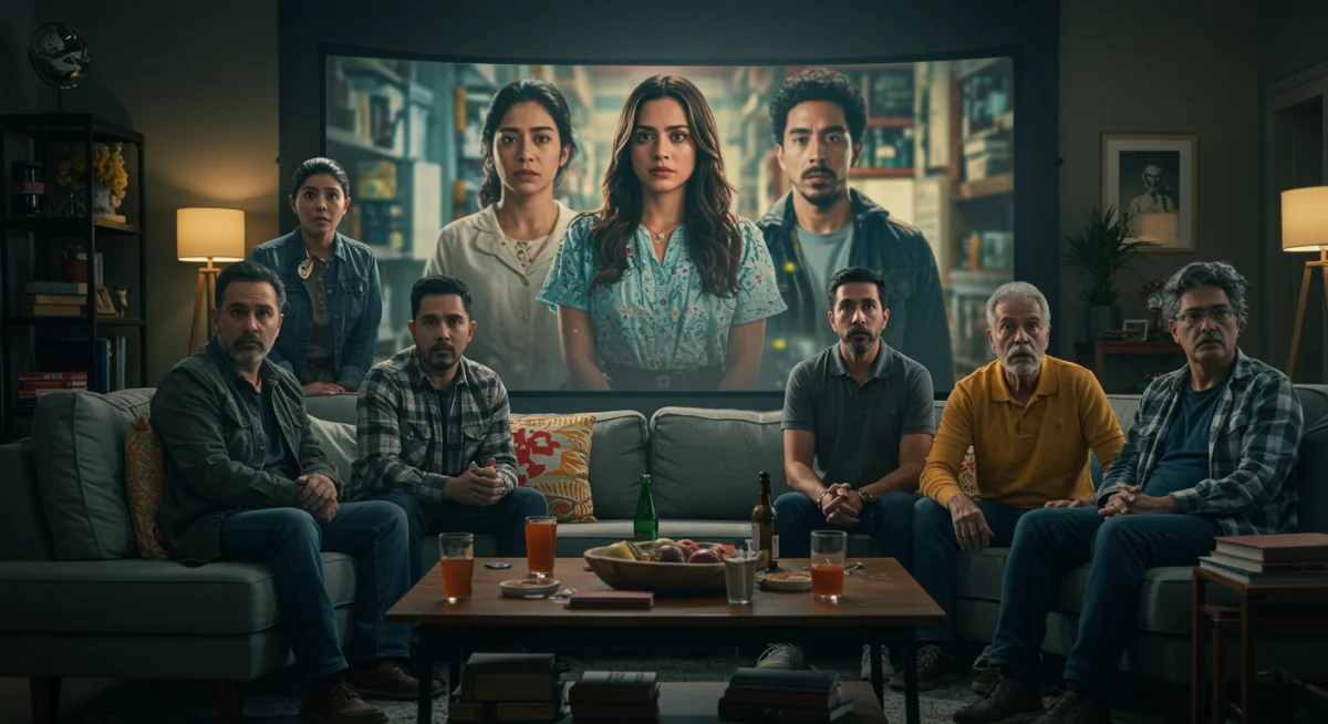 Familia multigeneracional viendo una serie mexicana, compartiendo emociones y momentos culturales.