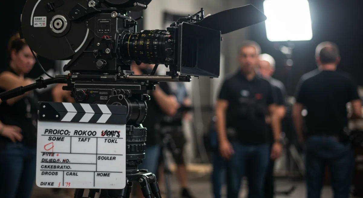Cámara de cine y claqueta en un set, simbolizando la inversión en equipo.