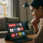 Persona cancelando suscripción de streaming en tablet con logos de servicios, mostrando gestión financiera.