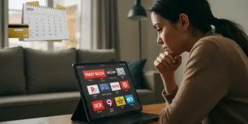 Persona cancelando suscripción de streaming en tablet con logos de servicios, mostrando gestión financiera.
