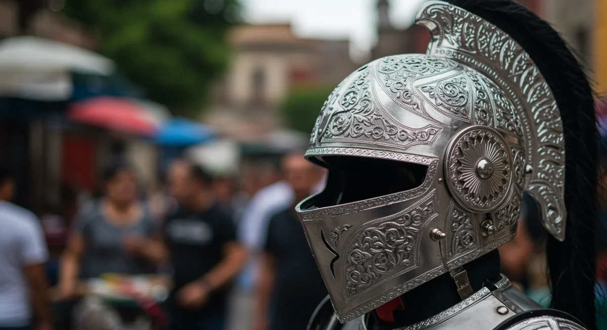Casco detallado de un Guerrero de Plata con reflejos urbanos, simbolizando la fusión de tradición y tecnología.