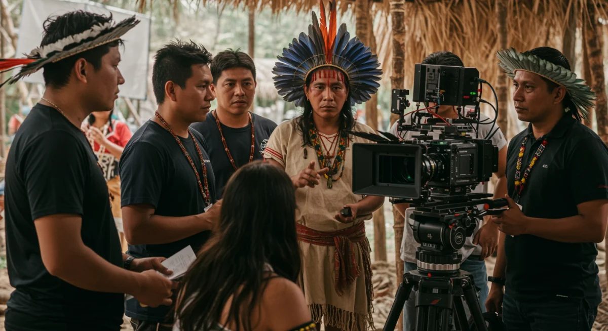 Equipo de cineastas indígenas colaborando en el set de una película, fusionando tradición y tecnología.