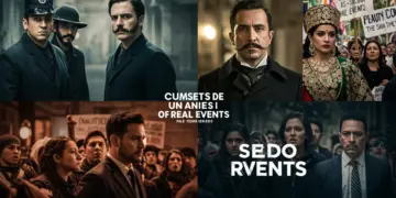 Collage de escenas representativas de series mexicanas basadas en hechos reales, con tonos dramáticos y elementos históricos.