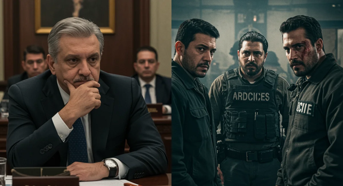 Comparativa visual entre una escena de 'El Último Exilio' y otra de 'Narcos', destacando similitudes temáticas.
