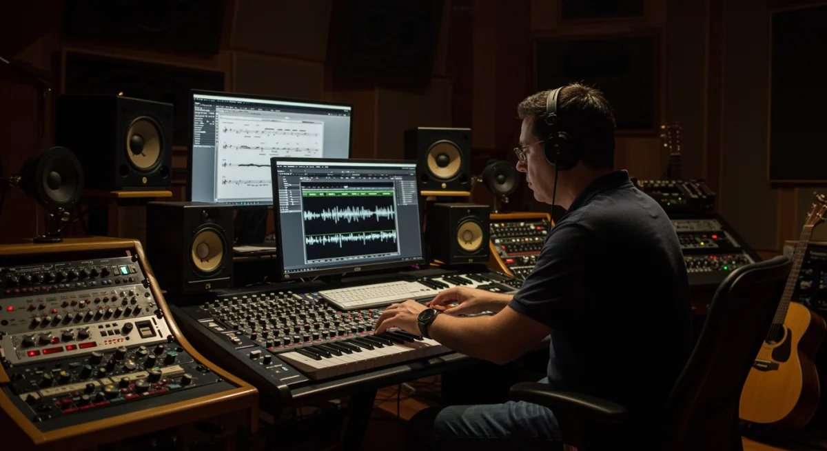 Compositor trabajando en estudio de grabación para producción audiovisual mexicana.
