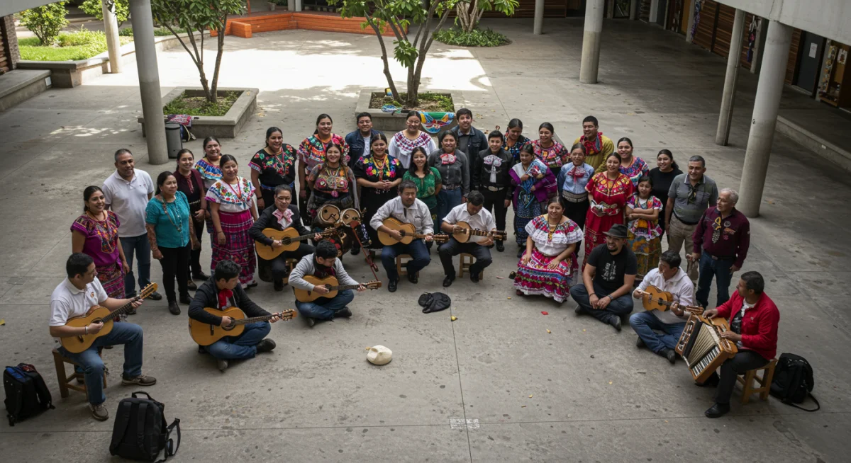 Comunidad mexicana de diversas generaciones participando en un evento musical tradicional, celebrando su herencia.