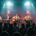 Jóvenes mexicanos disfrutando de un concierto de música regional mexicana con fusiones modernas.