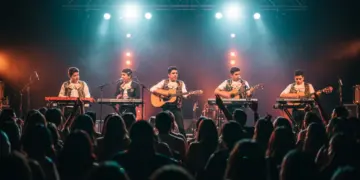Jóvenes mexicanos disfrutando de un concierto de música regional mexicana con fusiones modernas.