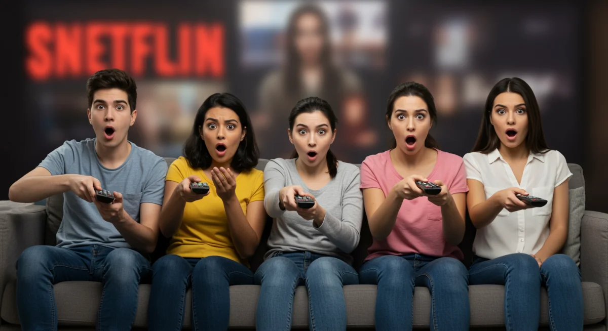 Grupo de personas en un sillón con controles remotos, mostrando sorpresa y confusión ante las nuevas políticas de streaming en México.
