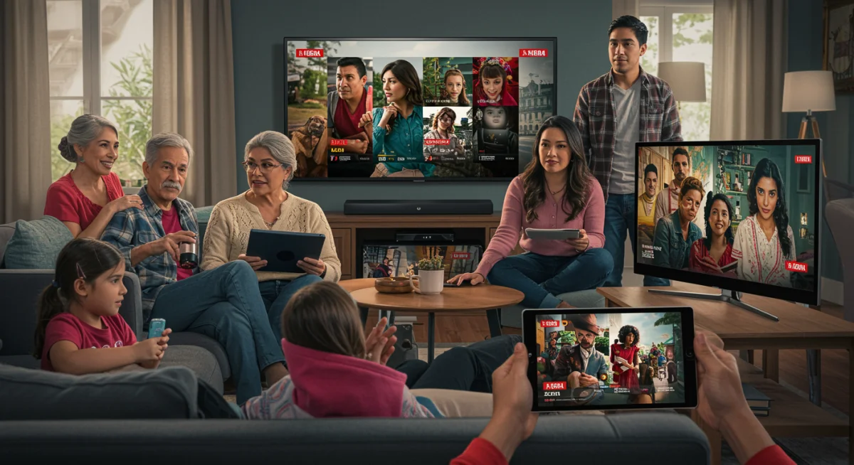Familias mexicanas disfrutando de contenido local en distintas plataformas de streaming desde sus hogares, mostrando diversidad generacional.