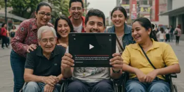 Grupo diverso de personas en México viendo un video con subtítulos, simbolizando la accesibilidad digital para todos.