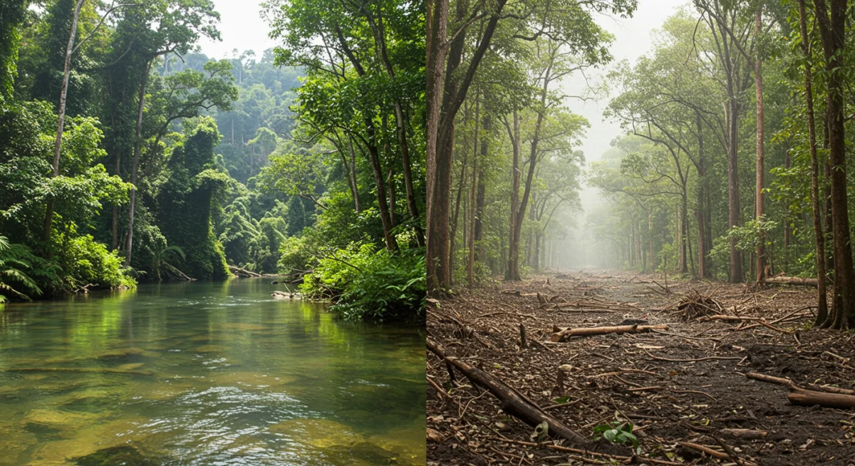 Imagen dividida que contrasta la belleza natural de México con la devastación ambiental, reflejando el mensaje de 'Eco'.