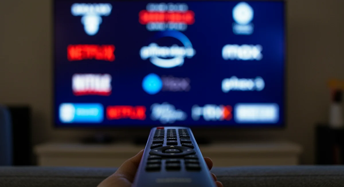 Control remoto sobre un sofá con logos de servicios de streaming en un televisor de fondo.