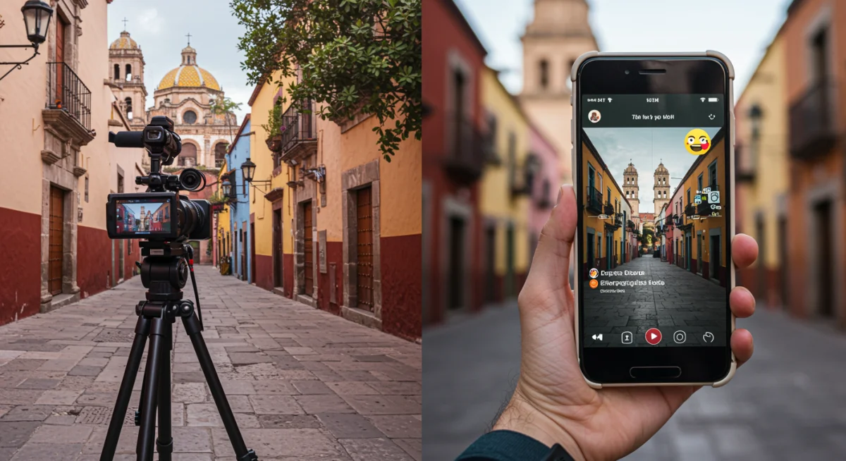 Creador de contenido mexicano filmando y ejemplo de video corto interactivo en pantalla de smartphone.
