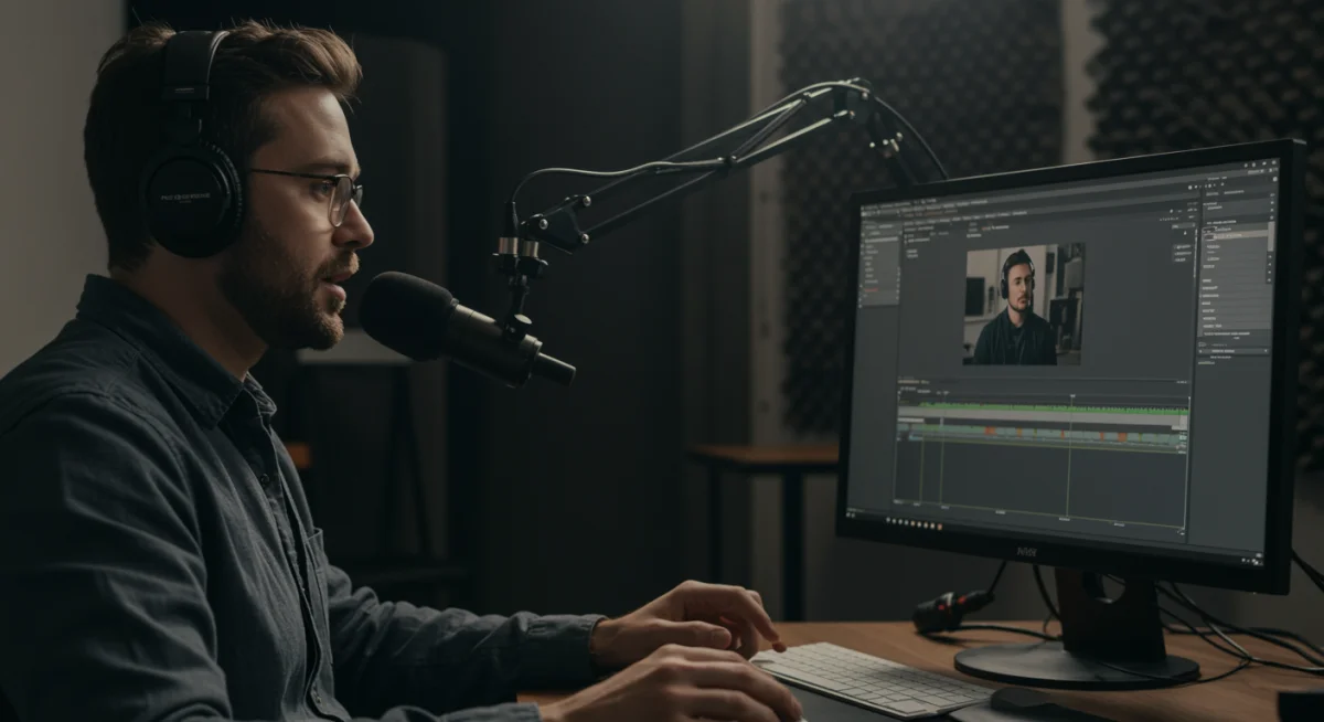 Creador de contenido editando un video, añadiendo descripciones de audio para accesibilidad.