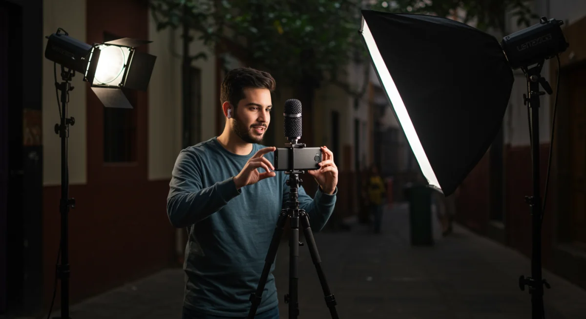 Creador de contenido mexicano filmando un video corto con equipo profesional en un entorno auténtico.