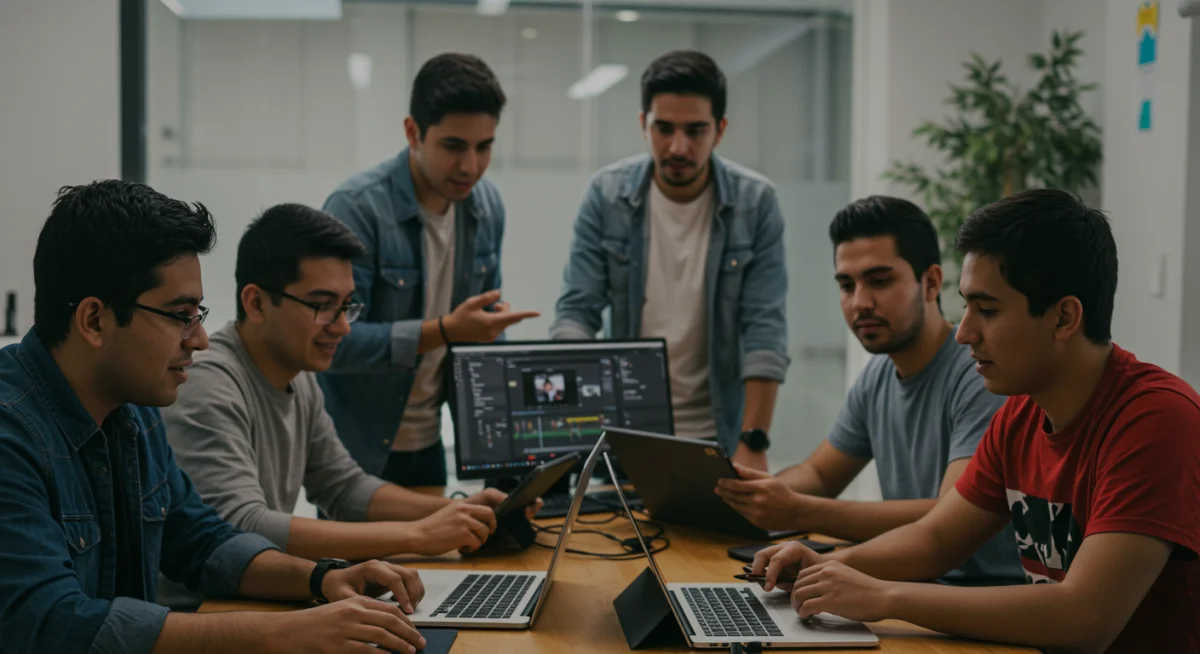 Creadores mexicanos colaborando con herramientas de edición avanzadas