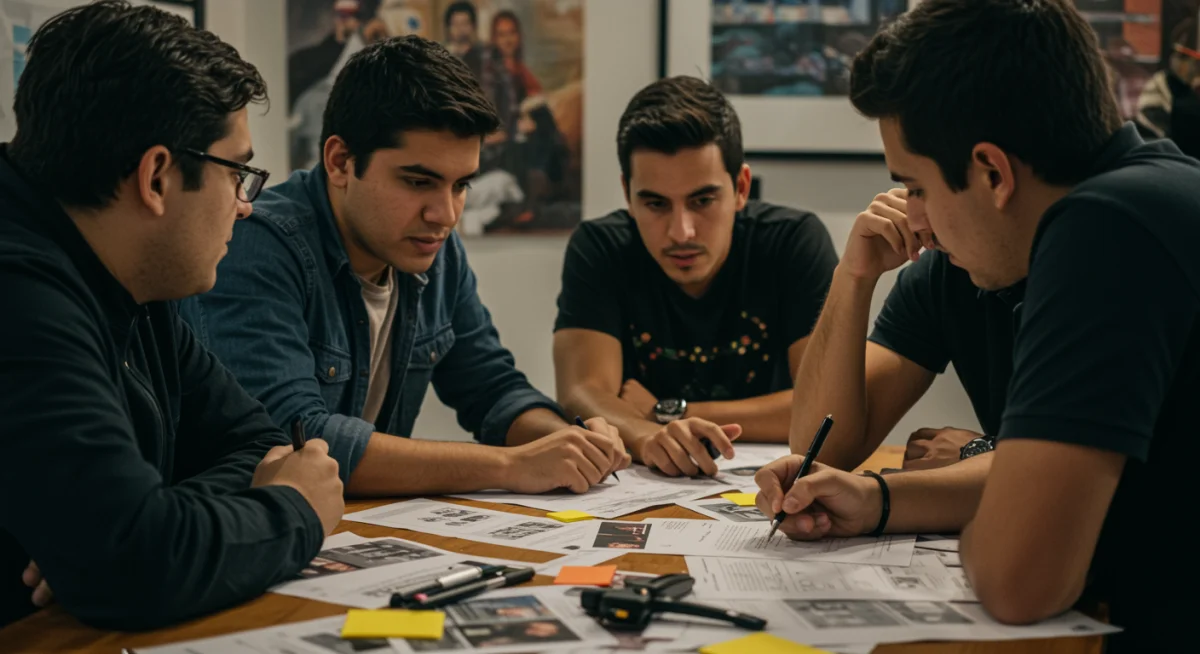 Jóvenes cineastas mexicanos colaborando en un guion innovador para una serie.