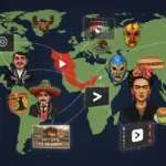 Iconos culturales mexicanos brillando en pantallas de streaming globales, representando el alcance mundial de la cultura mexicana.