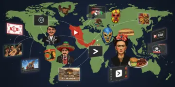 Iconos culturales mexicanos brillando en pantallas de streaming globales, representando el alcance mundial de la cultura mexicana.