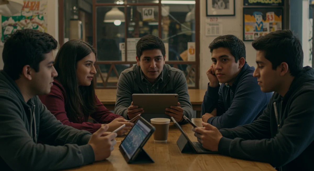 Jóvenes mexicanos debatiendo sobre figuras históricas tras ver series biográficas.