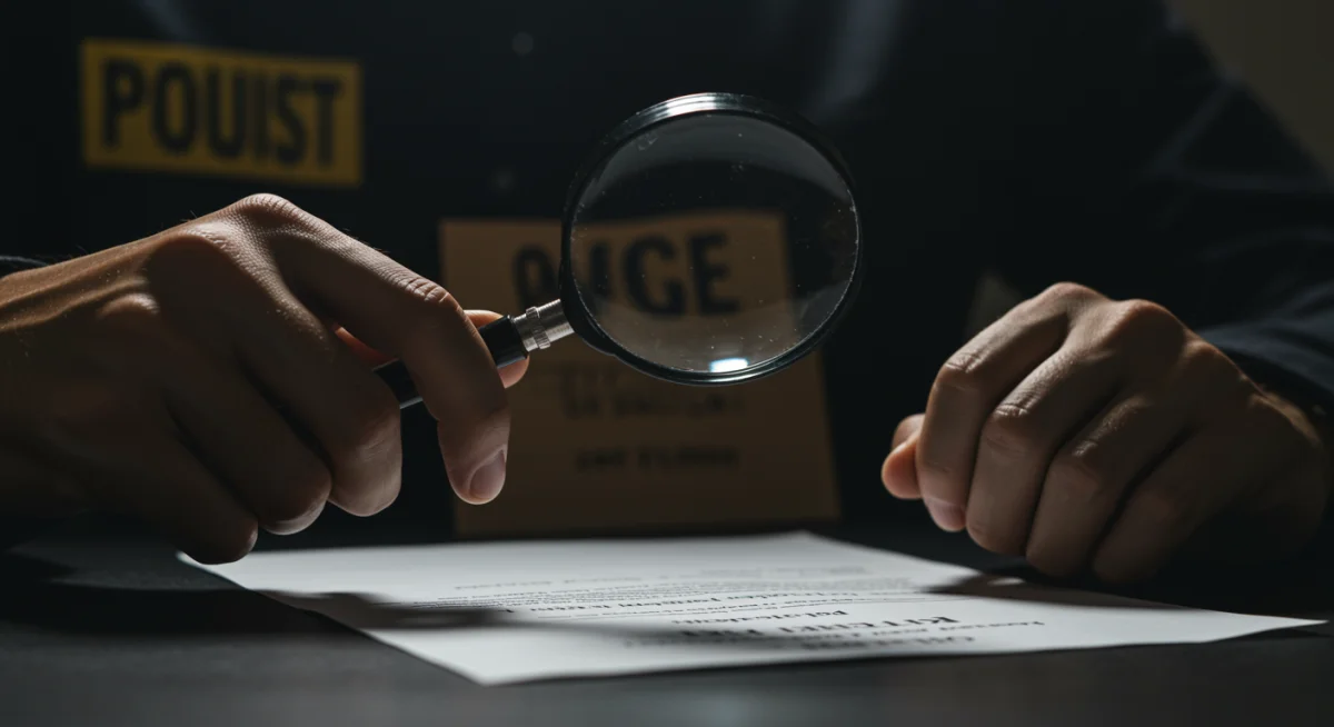 Detalle de un detective investigando un documento en una serie de misterio mexicana, con un enfoque en la intriga.