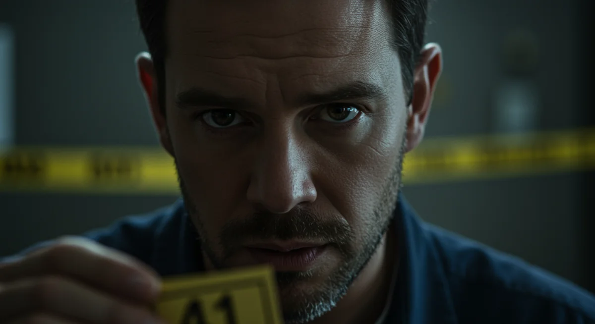 Primer plano de un detective con expresión pensativa, investigando una pista crucial en 'La Sombra del Pasado'.