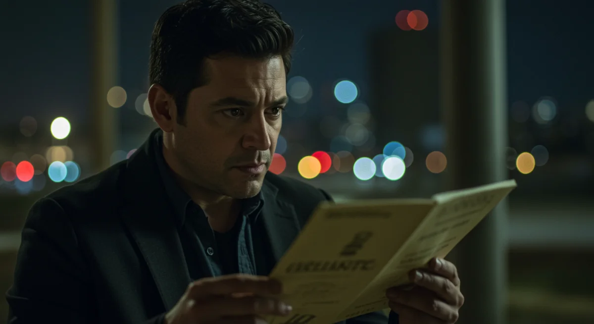 Imagen de un detective investigando una escena de crimen en una serie mexicana, con iluminación tenue y ambiente de misterio.