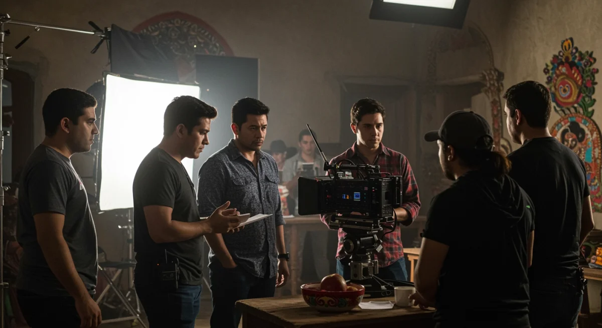 Detrás de cámaras de una serie mexicana, mostrando el equipo de producción y actores en el set.