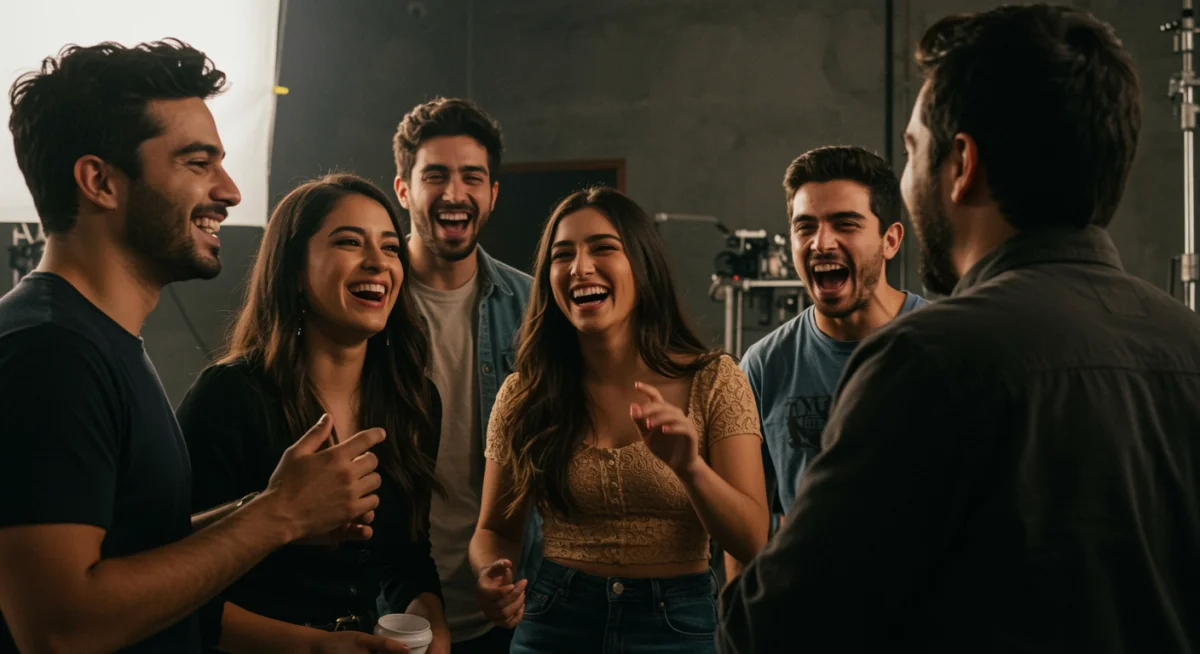 Actores mexicanos interactuando en el set de una serie popular de 2026, mostrando el ambiente de producción.
