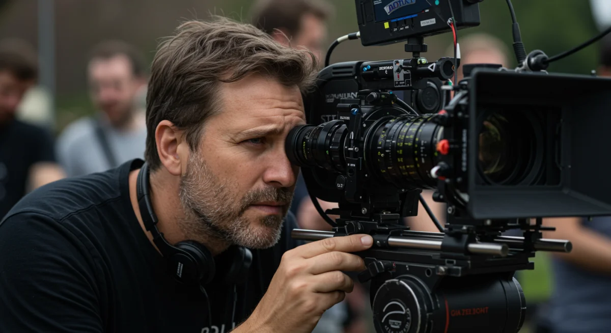 Director de cine mexicano concentrado, mirando a través del visor de una cámara en un set de filmación, representando la visión artística y la dirección creativa.