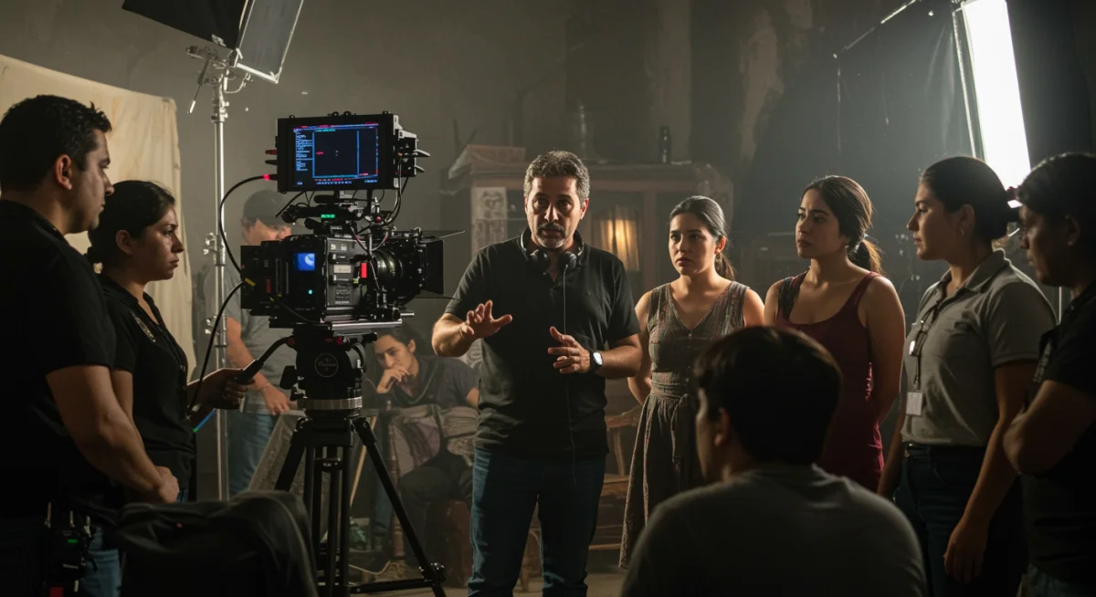 Director mexicano instruyendo a actores en una escena de drama social.