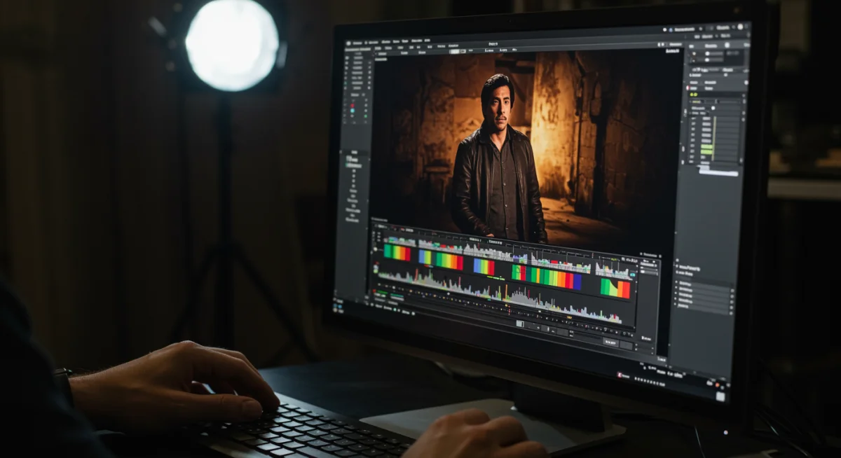 Manos de editor ajustando gradación de color en monitor para película mexicana.