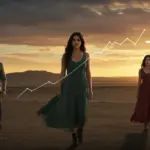 Imagen promocional de El Susurro del Desierto, con los protagonistas en un paisaje desértico al atardecer, evocando misterio y romance.