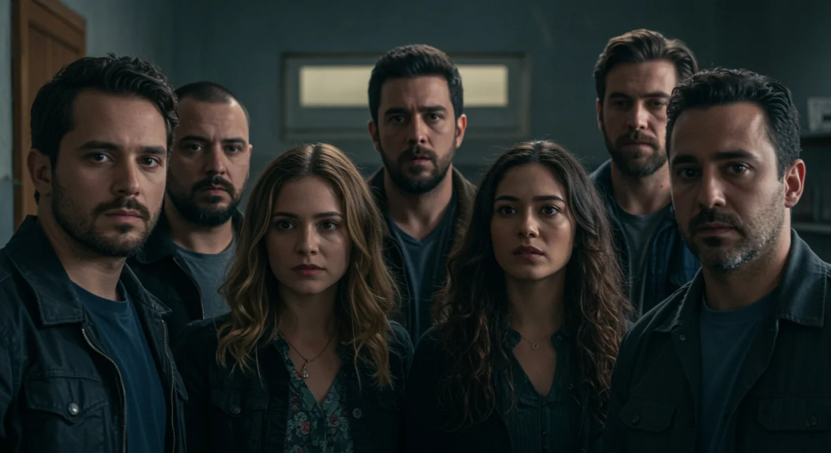 Elenco principal de 'La Sombra del Pasado' en una escena de tensión, revelando un giro en la trama.