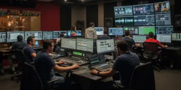 Equipo de postproducción de cine mexicano trabajando en estudio moderno, revisando metraje y audio en pantallas.
