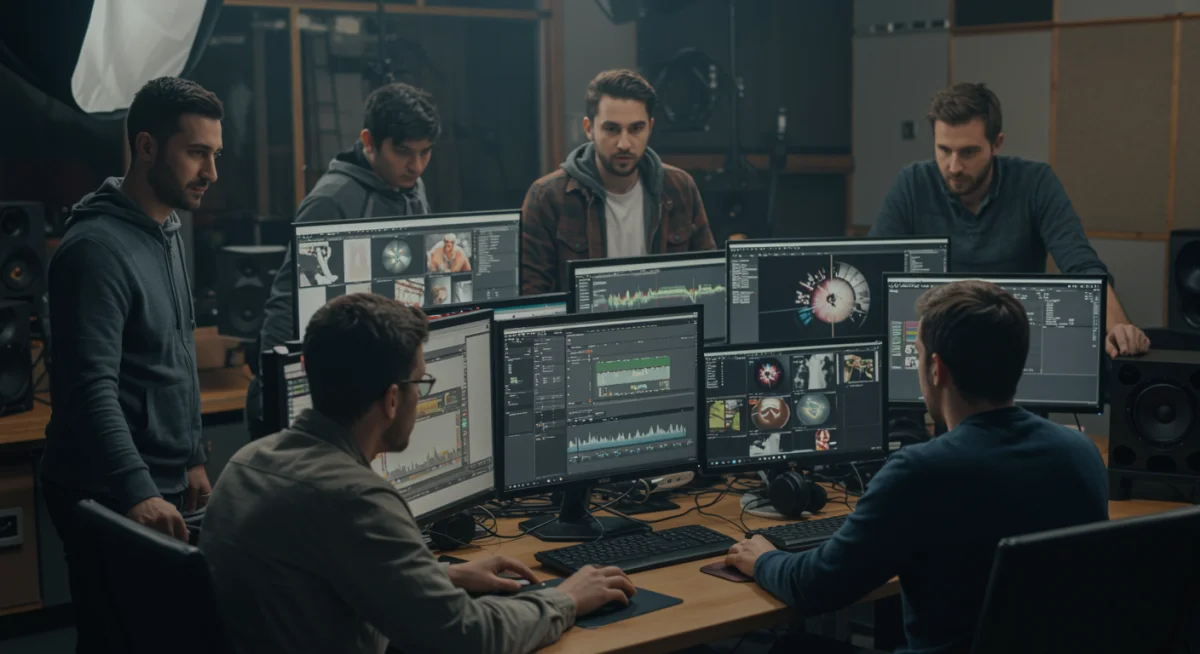 Equipo de profesionales jóvenes trabajando en un estudio de postproducción con tecnología avanzada, simbolizando la innovación en la creación de contenido audiovisual.