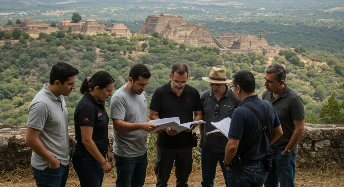 Actores y equipo revisando guion en locación con paisaje mexicano de fondo.