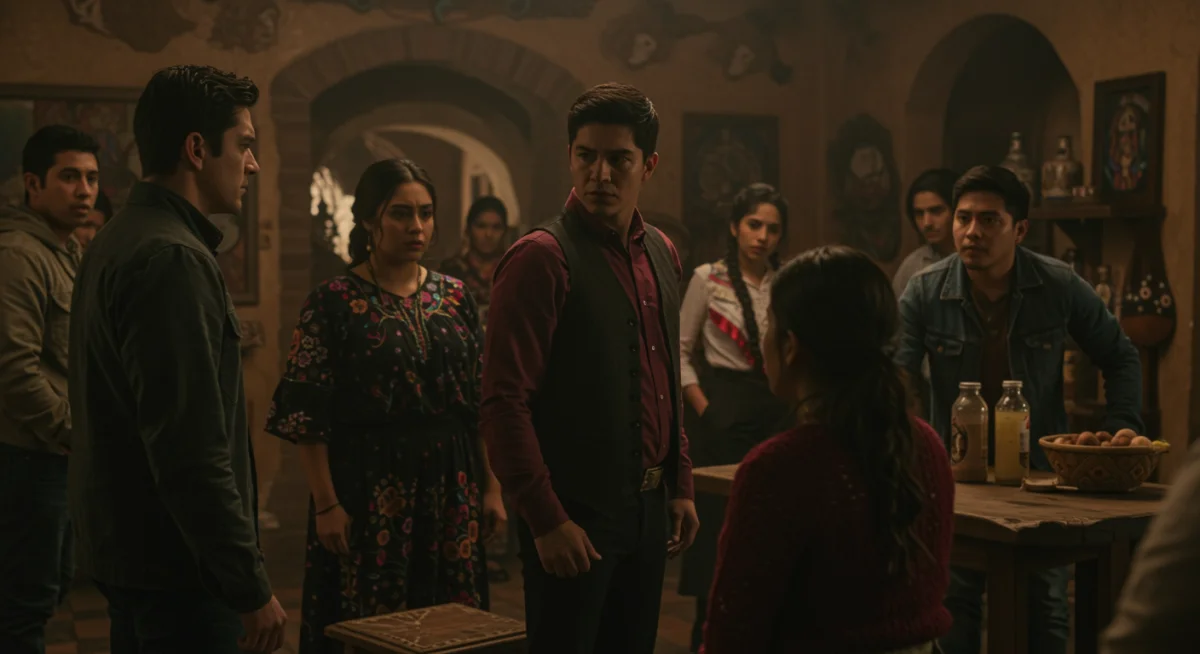 Escena dinámica de una serie mexicana nominada, mostrando interacción de personajes y un entorno culturalmente rico.