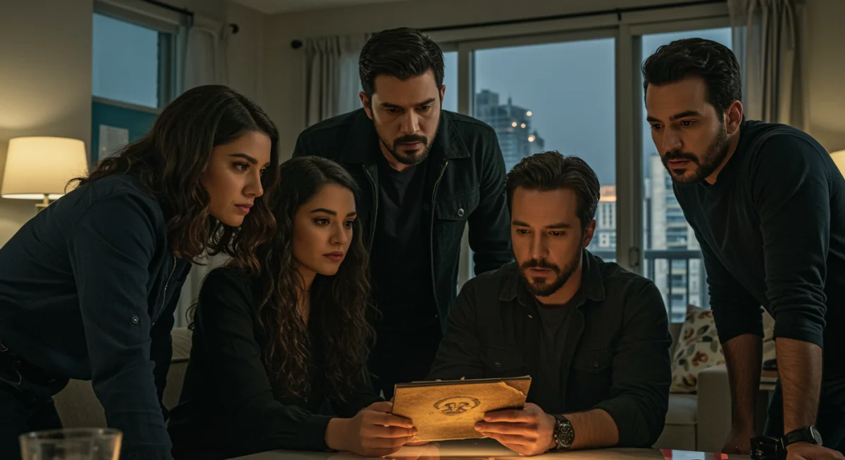 Personajes de una serie de suspenso mexicana examinando una pista crucial en una escena dramática.
