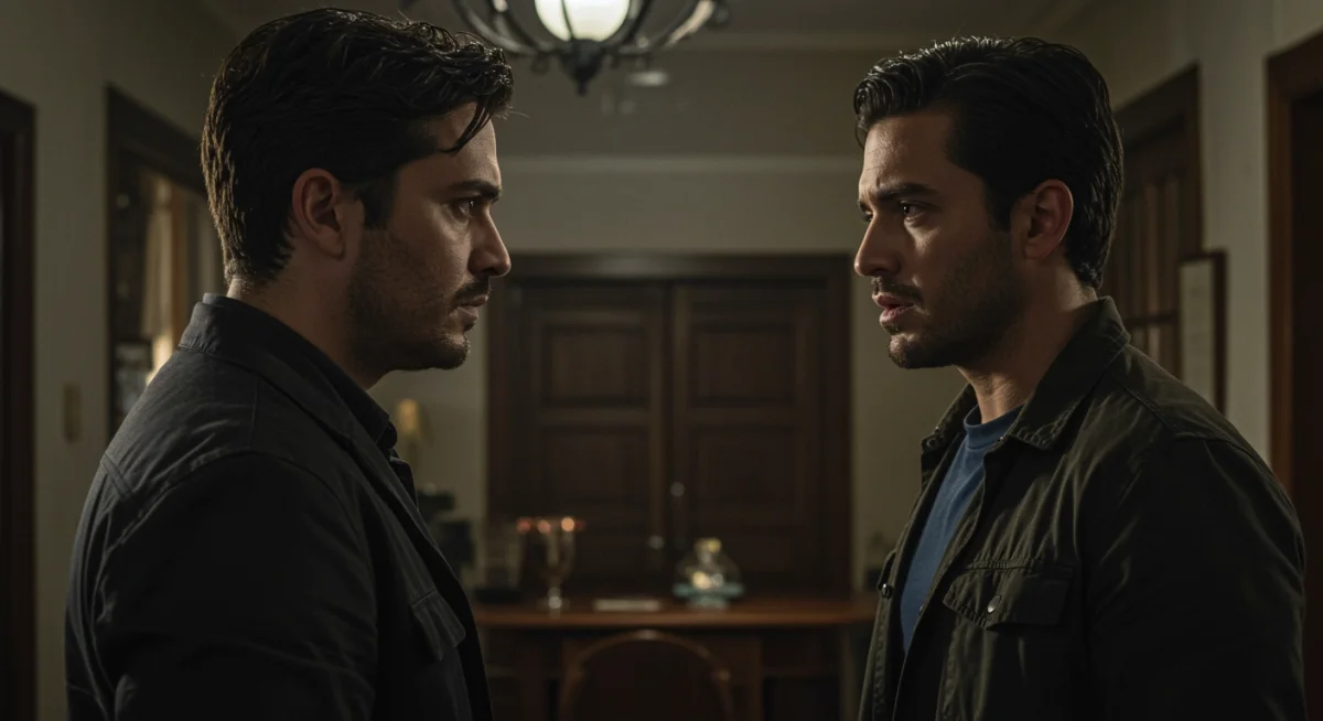Escena dramática de serie mexicana con personajes en un diálogo intenso y emotivo.