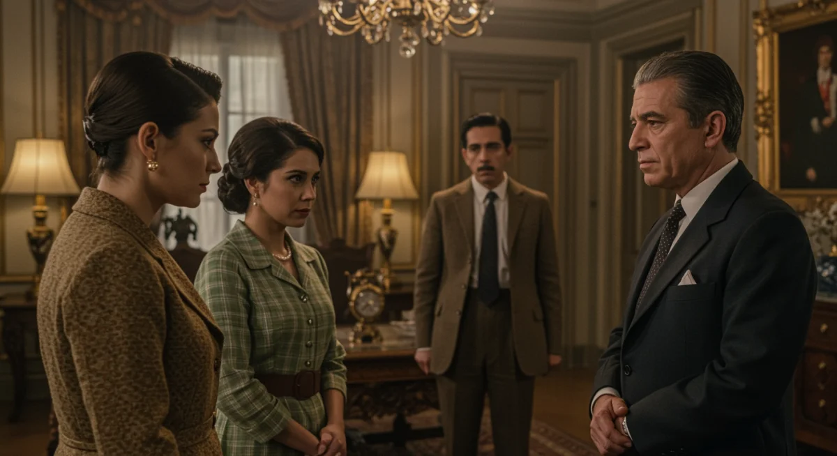 Escena de una serie histórica mexicana, con personajes en vestuario de época discutiendo en un ambiente cargado de tensión.