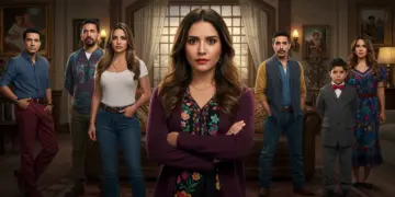 Escena dramática de telenovela mexicana con actores diversos en un entorno culturalmente rico