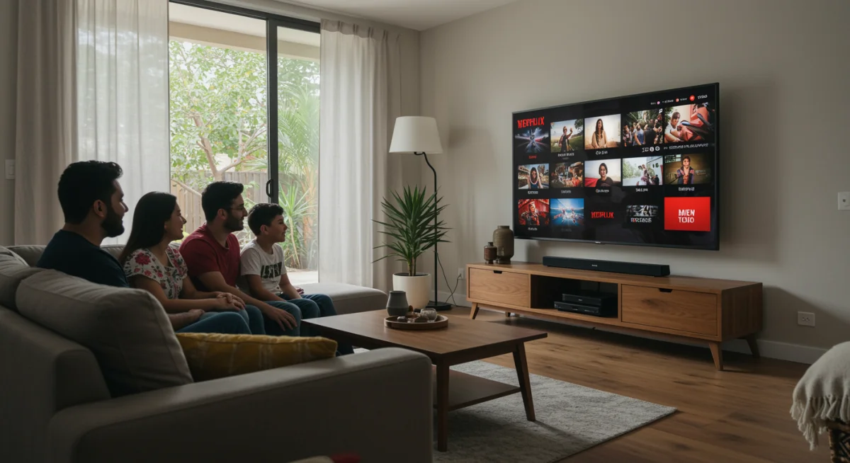 Familia mexicana disfrutando de streaming juntos, optimizando el uso compartido.